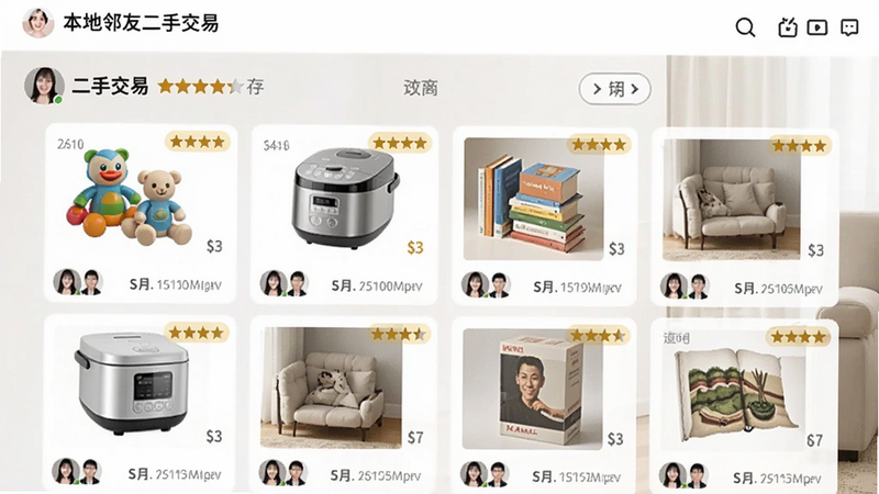 本地邻友二手交易页面,展示多个闲置物品列表,包括儿童玩具、电饭煲、书籍等,每个物品有价格和距离标签,用户头像和信用星级显示在旁边,背景是温暖舒适的客厅角落,体现家庭氛围