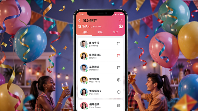 悦会软件主界面展示,画面中央为手机屏幕截图,显示组局功能列表和用户头像,背景是多彩的聚会场景气球和彩带,整体色调活泼明快,突出社交娱乐氛围。Boogu模型生成。