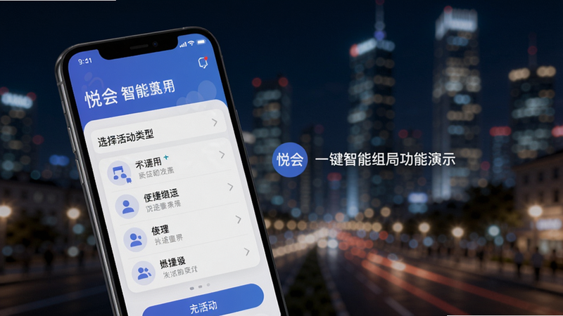 悦会一键智能组局功能演示,手机界面显示选择活动类型菜单,背景为模糊的城市夜景,突出便捷性与社交感。Boogu模型。
