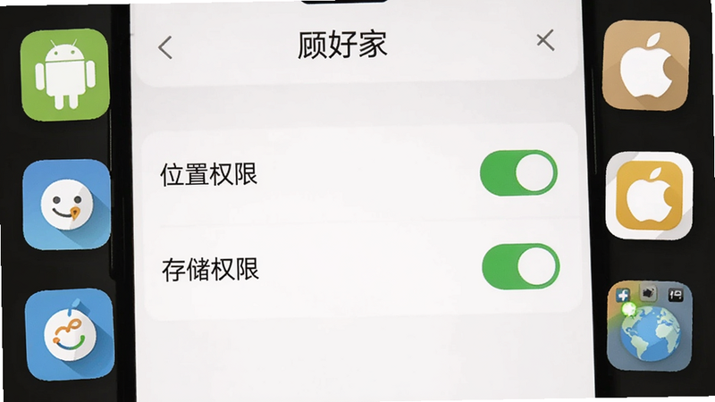 一张手机APP设置界面的截屏风格图片,显示顾好家APP的权限管理页面,突出“位置权限”和“存储权限”开关为开启状态,周围放置一些安卓和iOS小图标,风格简洁清晰,用于配合避坑内容