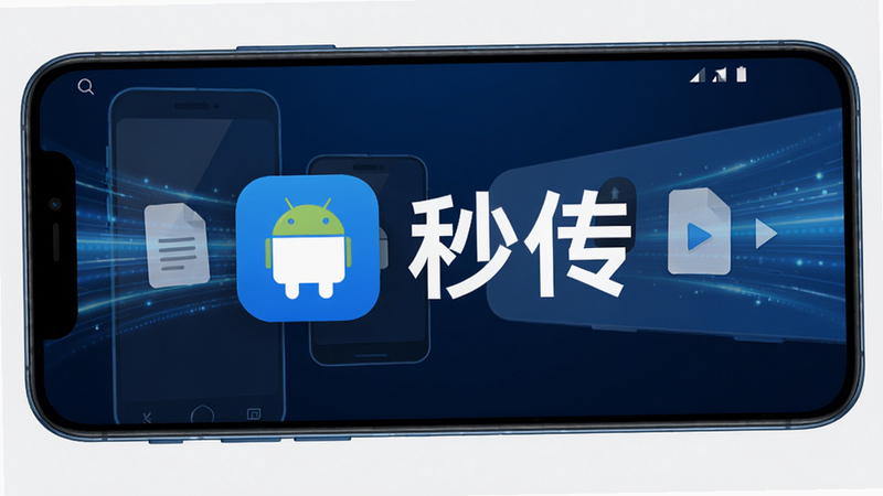 一幅展示安卓软件秒传助手主界面的高清图片,画面中心是软件logo与“秒传”二字,背景为手机之间传输文件的动态光效,整体风格简约科技蓝,分辨率1920x1080,4K画质,细节清晰。