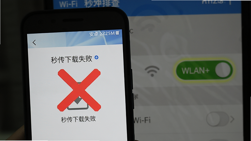 展示安卓软件秒传助手故障排查示意图,手机屏幕提示“秒传下载失败”,旁边有红色叉号,背景是Wi-Fi设置界面,高亮显示“WLAN+”开关,风格写实,便于用户理解。