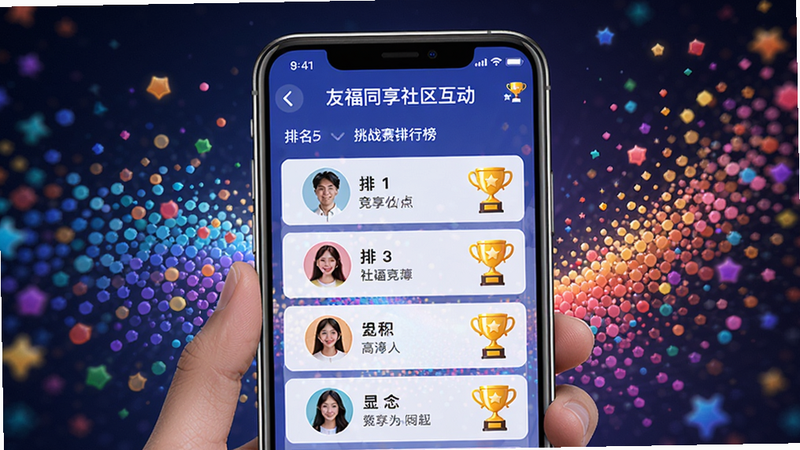 友福同享社区互动界面,画面中显示一个手机屏幕,屏幕内有一个挑战赛排行榜,列表中有用户头像和昵称,排名前三有金色奖杯图标,背景是动态的彩色粒子效果,突出社区活力和竞争氛围