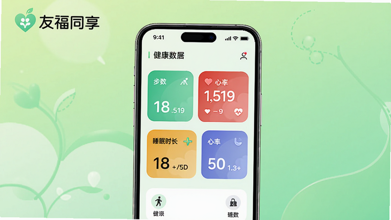 友福同享主界面展示,画面中央是一个手机屏幕,屏幕内显示健康数据看板,包含步数、心率、睡眠时长等卡片,背景为柔和的渐变绿色,左上角有友福同享logo,整体风格清新明亮,适配Boogu模型生成