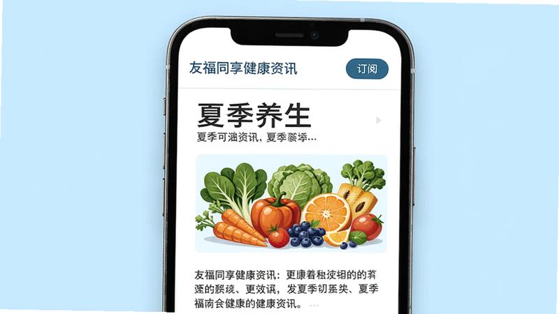 友福同享健康资讯页面,画面中一个手机屏幕显示一篇关于“夏季养生”的文章,配有清新的蔬菜水果插图,右上角有“订阅”按钮,背景是浅蓝色,整体风格简洁专业,突出资讯的权威性和可读性
