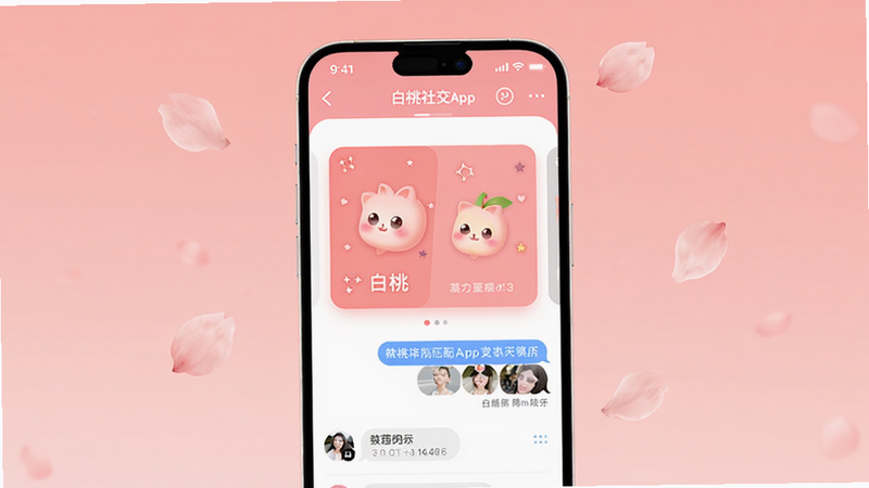 白桃社交App的界面预览图,画面中央是一个粉色调的手机屏幕,显示着星座匹配卡片和聊天气泡,背景是柔和的渐变桃花色,周围有飘落的花瓣,整体风格清新可爱,适配Boogu模型。