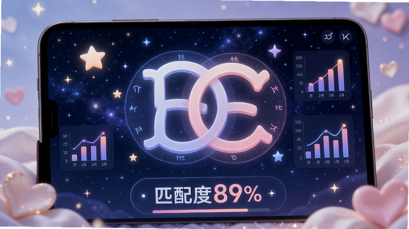 白桃星座匹配功能展示图,屏幕上显示两个星座符号交叠在一起,周围有星星和数字图表,背景是深蓝色星空,底部有“匹配度89%”字样,整体色调梦幻浪漫。