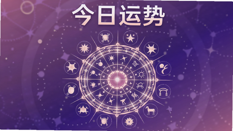 白桃星运播报页面设计图,画面中心是一个圆形星座轮盘,周围环绕着12个星座图标,背景是渐变紫色,上方有“今日运势”大字,整体设计感强。