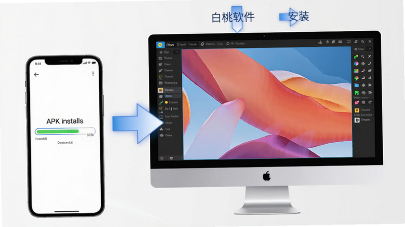 白桃软件安装步骤示意图,画面中有一台手机和一个电脑显示器,手机屏幕上显示APK安装进度条,电脑屏幕上显示模拟器界面,旁边有箭头标注,背景为浅灰色,整体科技感。