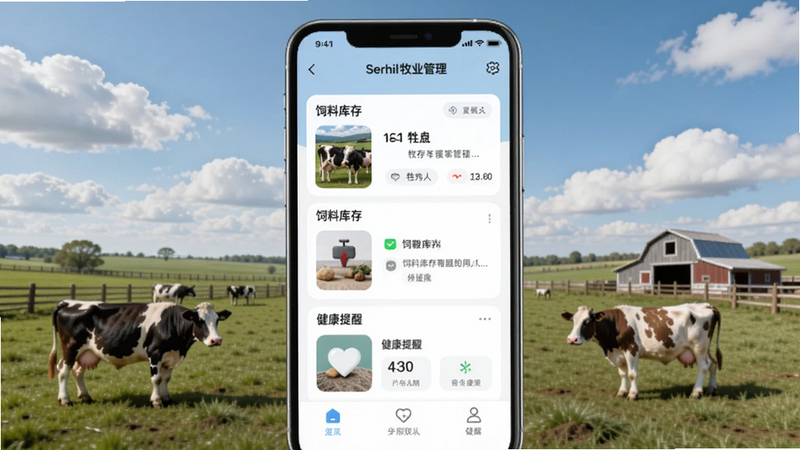 Serhil牧业管理app主界面,展示牲畜列表、饲料库存、健康提醒等功能模块,背景为蓝天白云下的牧场,手机屏幕居中,UI简约清晰,色调柔和,适配Boogu模型生成