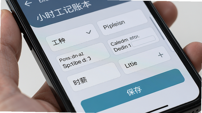 小时工记账本智能工时记录界面特写,手机屏幕上显示一个正在编辑的工时条目,包含工种选择、开始结束时间、时薪设置,下方有保存按钮,背景为淡灰色,突出简洁的交互设计,专业感强