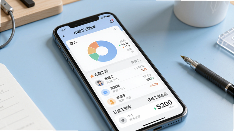 小时工记账本核心功能界面展示,画面中央是一部智能手机,屏幕显示小时工记账本APP的主页,包含收入饼图、近期工时列表和日结工资汇总,背景为简约的浅蓝色工作台,光线柔和,凸显数字记账的便捷与清晰,适合Boogu模型生成
