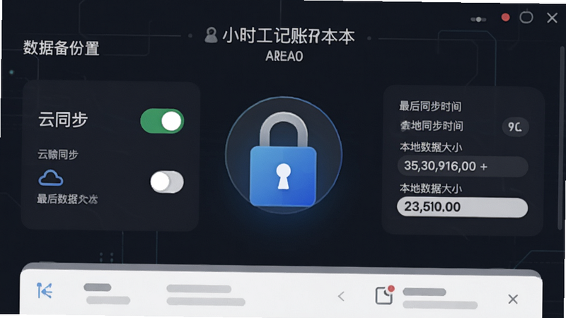 小时工记账本数据备份设置界面,展示云同步开关、最后同步时间、本地数据大小,背景为深色系,突出安全锁图标,强调数据保护