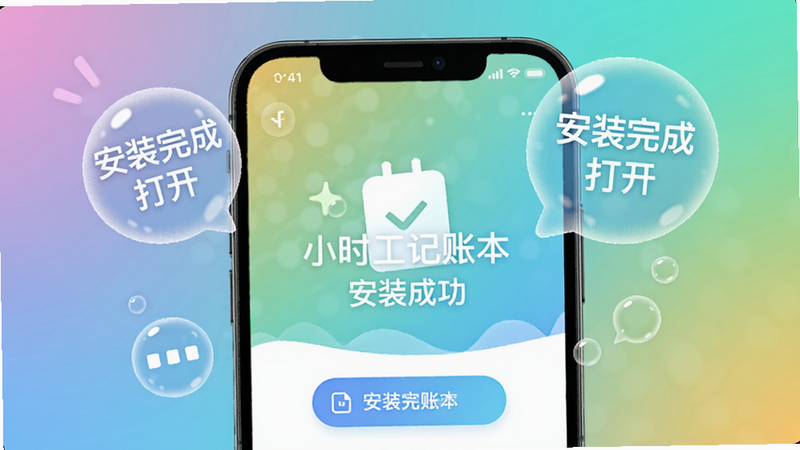 手机屏幕上显示小时工记账本安装成功画面,周围有泡泡提示“安装完成打开”,背景为渐变色,突出手机屏幕,整体风格活泼清新