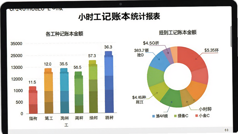 小时工记账本统计报表页面,展示彩色柱状图与饼图,分别标注各工种名称和金额,背景为白色,图表颜色鲜艳,数据清晰,体现可视化记账的优势