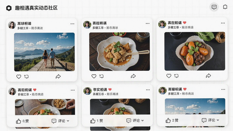 趣相遇真实动态社区界面,展示多条图文动态卡片,包含旅游照片、美食分享等,底部有点赞和评论按钮,背景为浅色网格,适配Boogu模型