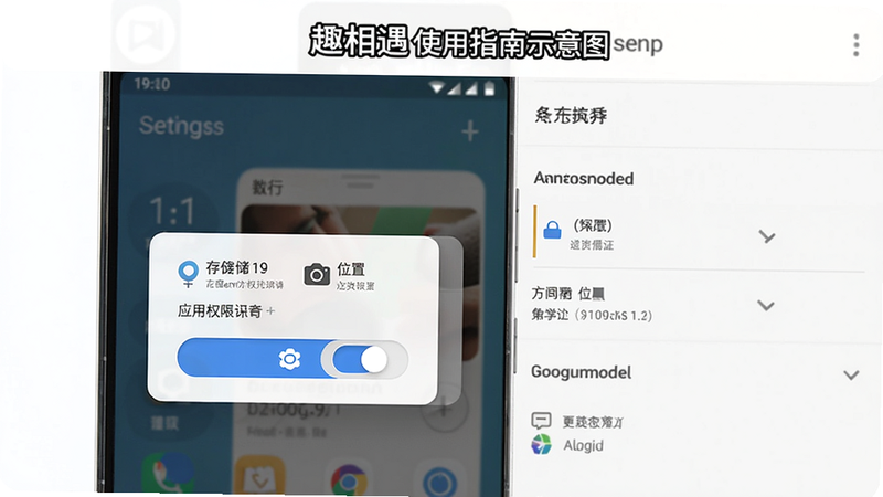 趣相遇使用指南示意图,展示手机屏幕上的应用权限申请弹窗,包括存储、位置、相机开关,背景为安卓系统设置界面,适配Boogu模型生成