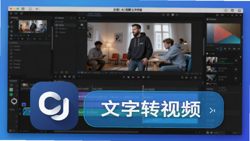 全能AI视频主界面展示,背景为动态视频编辑工作台,前景显示软件logo及“文字转视频”功能入口,整体风格现代科技感,色彩明亮,适配Boogu模型生成