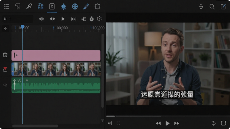 智能剪辑界面,左侧为时间线轨道,右侧预览窗显示已添加字幕,字幕样式为白色黑边,正在播放一段采访视频,软件工具栏图标清晰可见