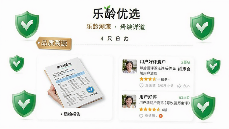 乐龄优选的商品详情页,显示“品质溯源”标签、质检报告缩略图以及用户好评截图,周围点缀绿色盾牌图标,传递安全信任感。