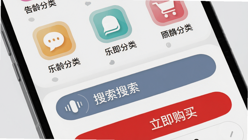 展示乐龄优选APP的界面截图特写,大字体的商品分类图标、语音搜索按钮和醒目红色“立即购买”按键,背景为浅灰色纯色,突出操作区的简洁易用。
