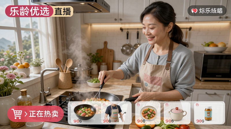 乐龄优选直播间的画面,一位穿着围裙的主播正在厨房演示做菜,手机屏幕下方显示购物车图标和“正在热卖”商品列表,氛围热闹温馨。