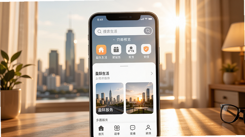 盈际生活主界面预览图,画面中心展示手机屏幕中的盈际生活APP首页,上方搜索栏和功能图标排列整齐,背景为模糊的城市天际线与阳光透过窗帘洒在桌面上,整体色调温暖明亮,突出生活服务与便利感,坐标居中,背景区域为室内温馨场景