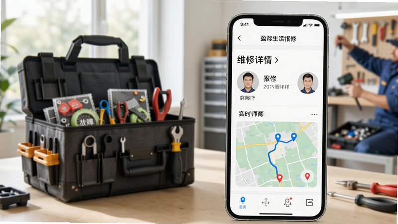 盈际生活报修流程展示,手机屏幕显示报修工单详情,包含故障照片、维修师傅头像、实时轨迹地图,背景为工具包和修理现场,光线明亮,突出高效透明