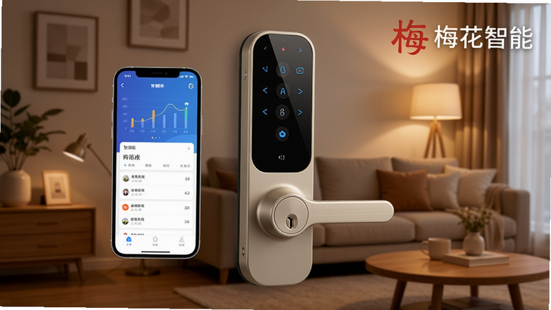 梅花智能软件全貌展示,画面中央是一台简约风的智能门锁,手机屏幕悬浮在锁前显示APP界面,背景为温馨家居客厅,暖色调灯光,强调智能家居场景,梅花智能logo醒目,风格写实,细节清晰