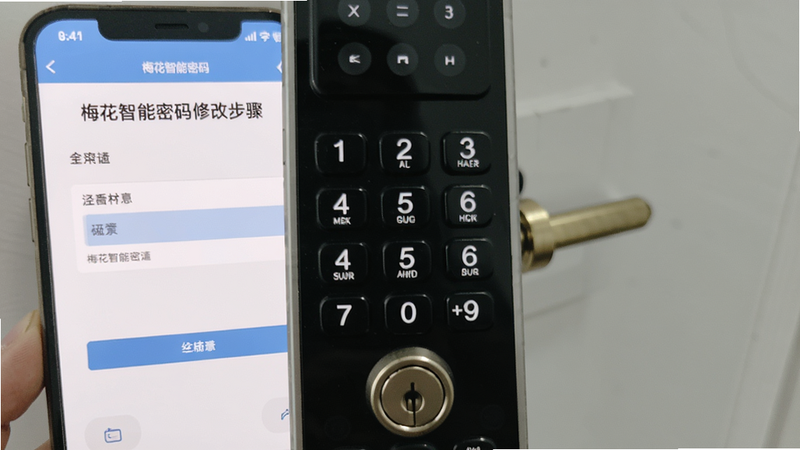 梅花智能密码修改步骤截图,手机屏幕显示密码编辑界面,门锁上数字键盘特写,背景简洁,突出操作指引