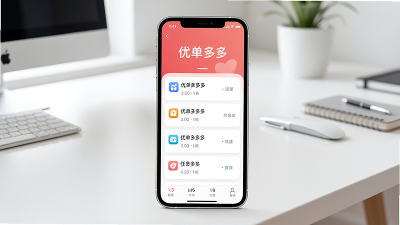 优单多多APP主界面全貌,手机居中显示任务列表,背景为现代简约白色办公桌,光线柔和,画面干净清晰,突出软件名称和界面布局,适配Boogu模型生成。