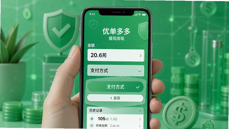 优单多多提现界面展示,手机屏幕显示提现页面,输入金额、选择支付方式,背景为绿色安全色调,细节包括余额显示和历史记录,体现安全可靠。