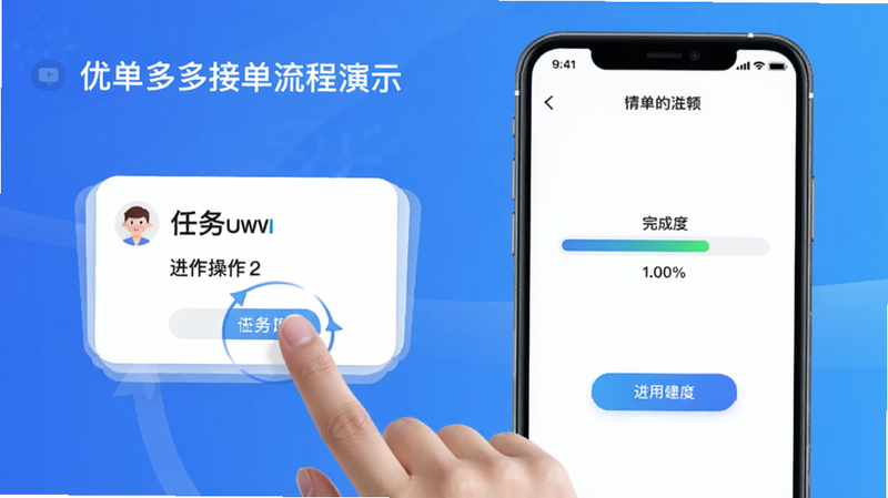 优单多多接单流程演示,手指点击任务卡片后进入操作界面,界面简洁,进度条显示完成度,背景为渐变蓝色,突出操作流畅感。
