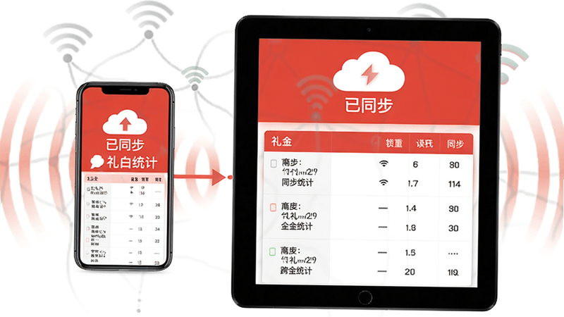 红白礼薄数据同步示意图:一台手机和一台平板屏幕上显示相同的礼金统计表格,顶部有云朵图标和“已同步”字样,背景是网络信号波纹,突出跨设备无缝体验。