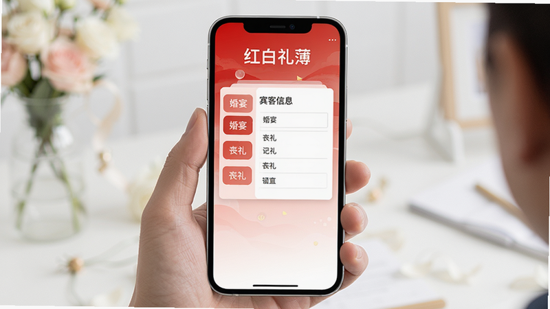 红白礼薄主界面展示:一个干净明亮的手机屏幕上,显示着礼金录入页面,上方有“红白礼薄”字样,背景是温馨的红色与白色渐变,画面中央有一个宾客信息表单,左侧列出“婚宴”“丧礼”等分类按钮,整体风格简约实用,突出记账功能,适合Boogu模型生成。