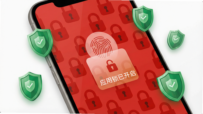 红白礼薄隐私安全界面:手机屏幕上有指纹解锁图标和“应用锁已开启”提示,背景是锁形图案,周围有绿色安全盾牌,整体风格严谨可靠,强调数据保护。