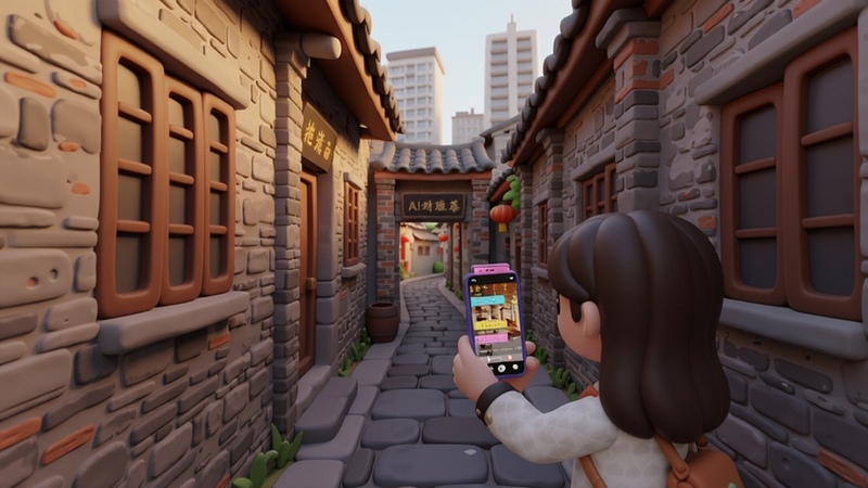 街巷主界面展示,画面中央是一个3D风格的中国南方老街巷,青石板路两侧是斑驳的砖墙和木质窗棂,一位年轻女性举着手机对准巷口,手机屏幕上显示AI标注的店铺推荐标签,背景是隐约的现代高楼,整体呈现古今交融的温暖色调,细节丰富适合Boogu模型生成