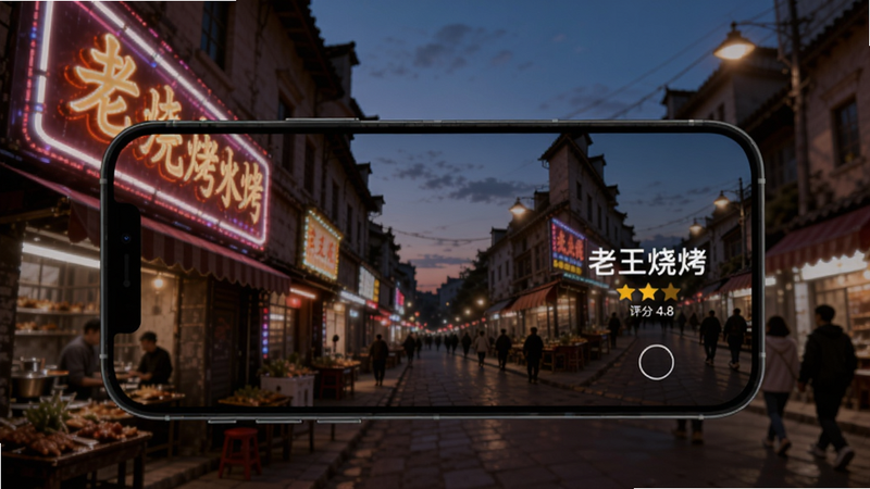 街巷AI识别功能演示,手机横屏拍摄一条傍晚的街道,画面左侧是真实的霓虹灯招牌,右侧手机屏幕上显示AI识别出的文字“老王烧烤”并叠加评分4.8星,背景是模糊的街灯与行人,光影对比强烈,适合Boogu模型生成