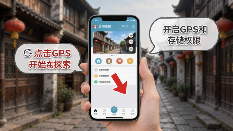 街巷使用教程示意图,一只手拿着手机显示应用主界面,背景是模糊的古镇街景,手机屏幕上有红色箭头标注“点击这里开始探索”,旁边用文字气泡提示开启GPS和存储权限,画面友好直观,适合Boogu模型