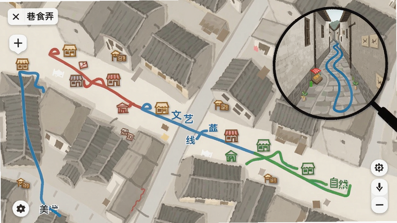 街巷巷弄地图界面,俯视图展示一片老城区,彩色线条标注出几条不同主题的散步路线(红色美食线、蓝色文艺线、绿色自然线),线条上散布着小小的店铺图标,右上角有放大的缩略图显示一条弯弯曲曲的小巷,画面简洁富有设计感