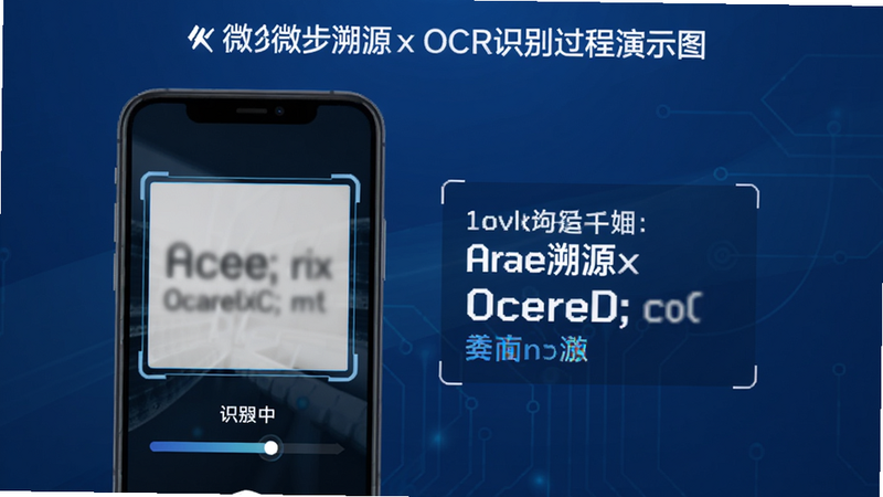 微步溯源x OCR识别过程演示图,手机界面显示一张带有模糊文字的图片被选中,正在识别中,进度条动画,旁边有识别出的清晰文字结果,背景为科技蓝,显示出高精度识别的效果,软件名称微步溯源x