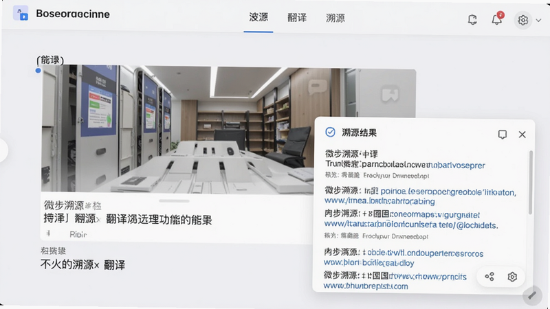 微步溯源x翻译和溯源功能界面,一张英文图片被识别后,界面下方显示中文翻译,同时弹出溯源结果窗口,包含相关网页链接,背景为浅色灰白,整体设计干净利落