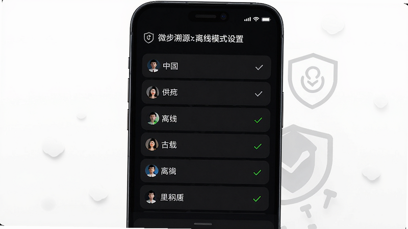 微步溯源x离线模式设置界面,手机显示离线语言包下载列表,有中文、英文等,已下载状态显示绿色勾,背景为深色夜间模式,强调隐私保护图标
