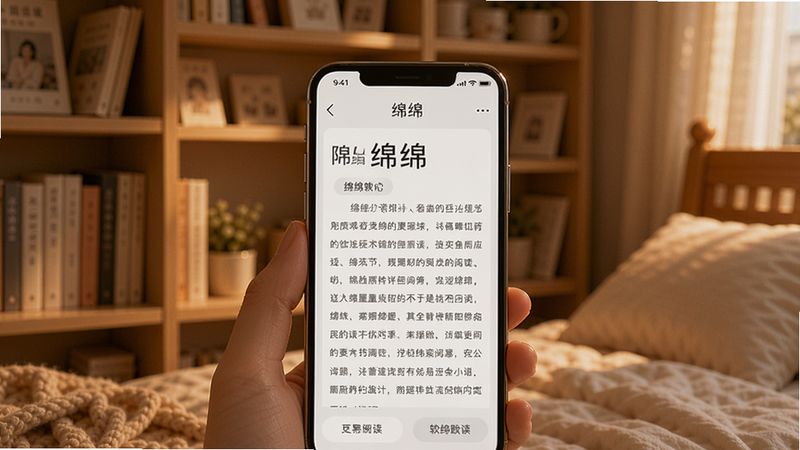 画面中央是一台亮屏的智能手机,屏幕上显示绵绵小说阅读界面,背景是温馨的卧室书架,柔光照射,整体色调温暖舒适,突出软件名称“绵绵”和阅读氛围