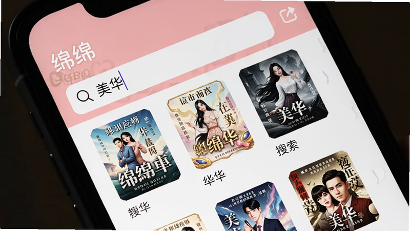 手机屏幕上显示绵绵应用内搜索界面,搜索框输入“美华”,结果列出多本小说,背景是淡粉色,突出软件名称“绵绵”和搜索功能