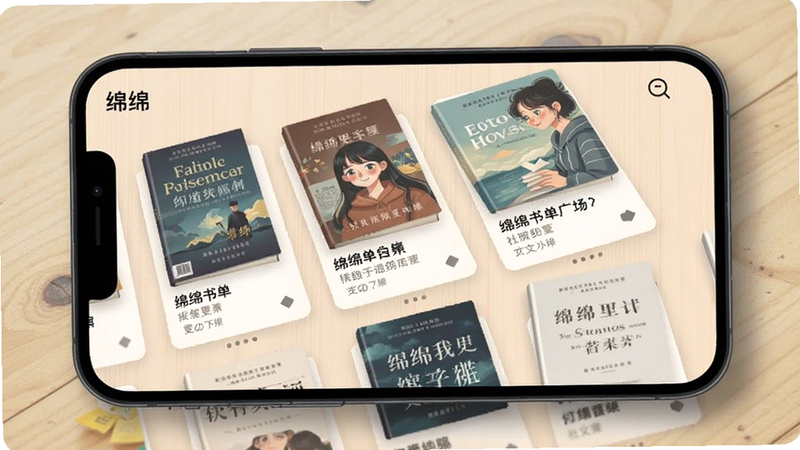 手机屏幕展示绵绵书单广场界面,多个卡片式书单排列,每个书单有封面和标题,背景是浅色木纹,突出社交互动和软件名称“绵绵”