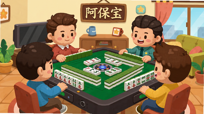 阿保宝游戏主界面展示,画面中央是一张精致的麻将桌,四周围坐着卡通风格的玩家角色,背景是温馨的客厅场景,墙上挂有“阿保宝”招牌,整体色彩明亮活泼,突出休闲娱乐氛围,风格为扁平卡通,细节清晰。