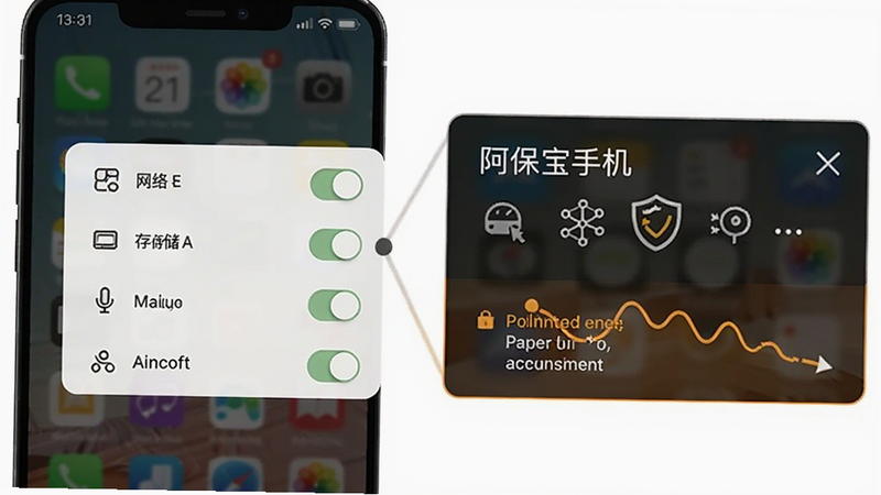 阿保宝手机安装权限设置界面示意图,显示权限弹窗列表,包括网络、存储、麦克风等开关,背景为手机屏幕截图,突出安全提示。