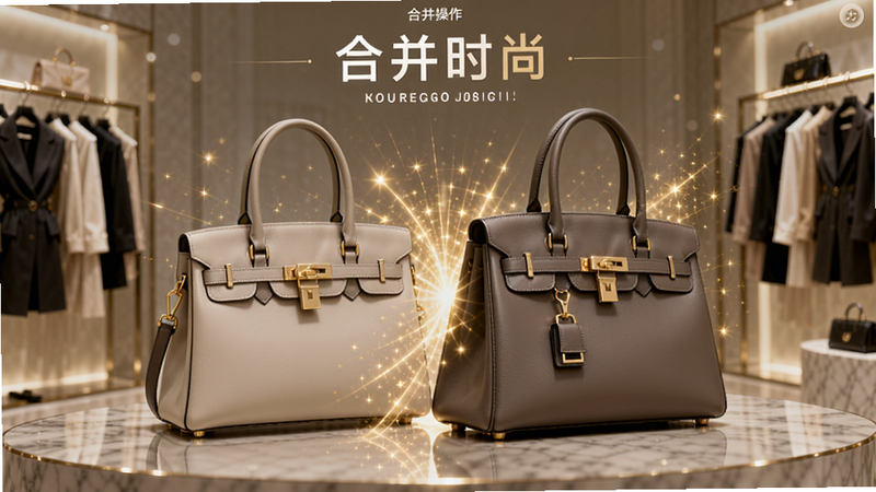 合并操作界面,两个手提包正在合并成一个高级手袋,周围有金色光效,界面简洁,背景是时装店,带有合并时尚字样。