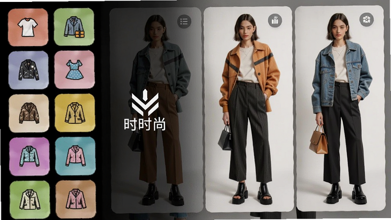 自定义界面,模特展示不同搭配,左侧有各类服饰图标,色彩丰富,UI精致,带有合并时尚标识。